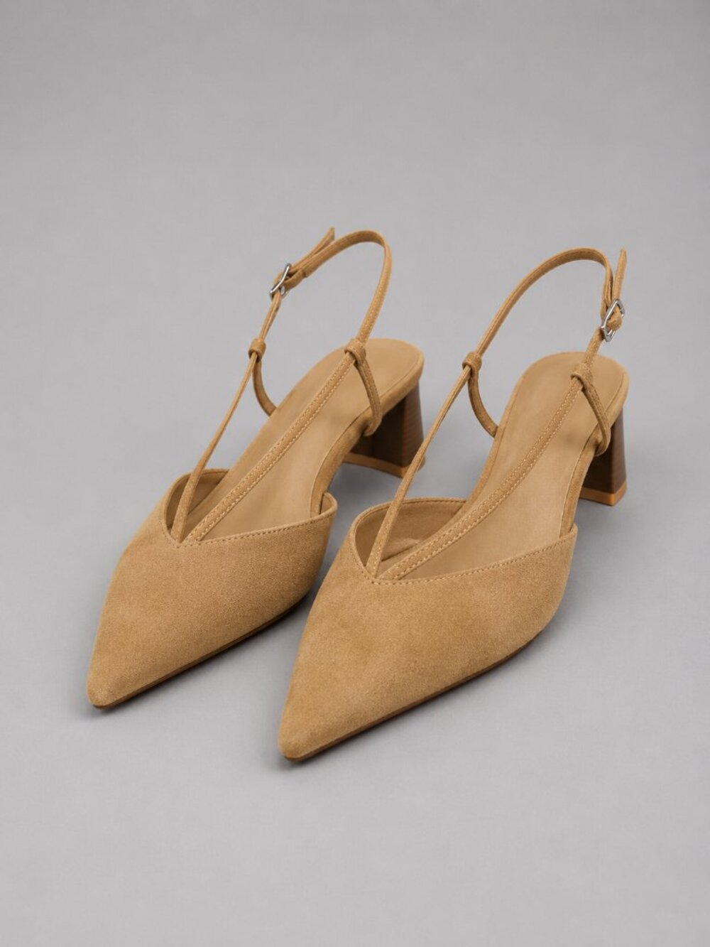 Women's Beige Suede Pointed Toe Slingback Pumps Strap Detail Block Heel - Picture 3 of 4